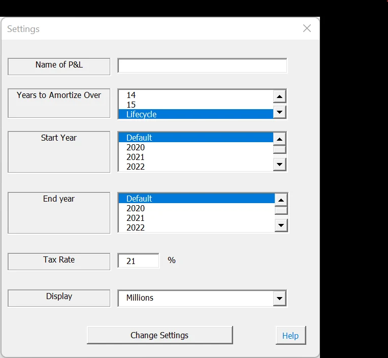 Automated P&L settings form