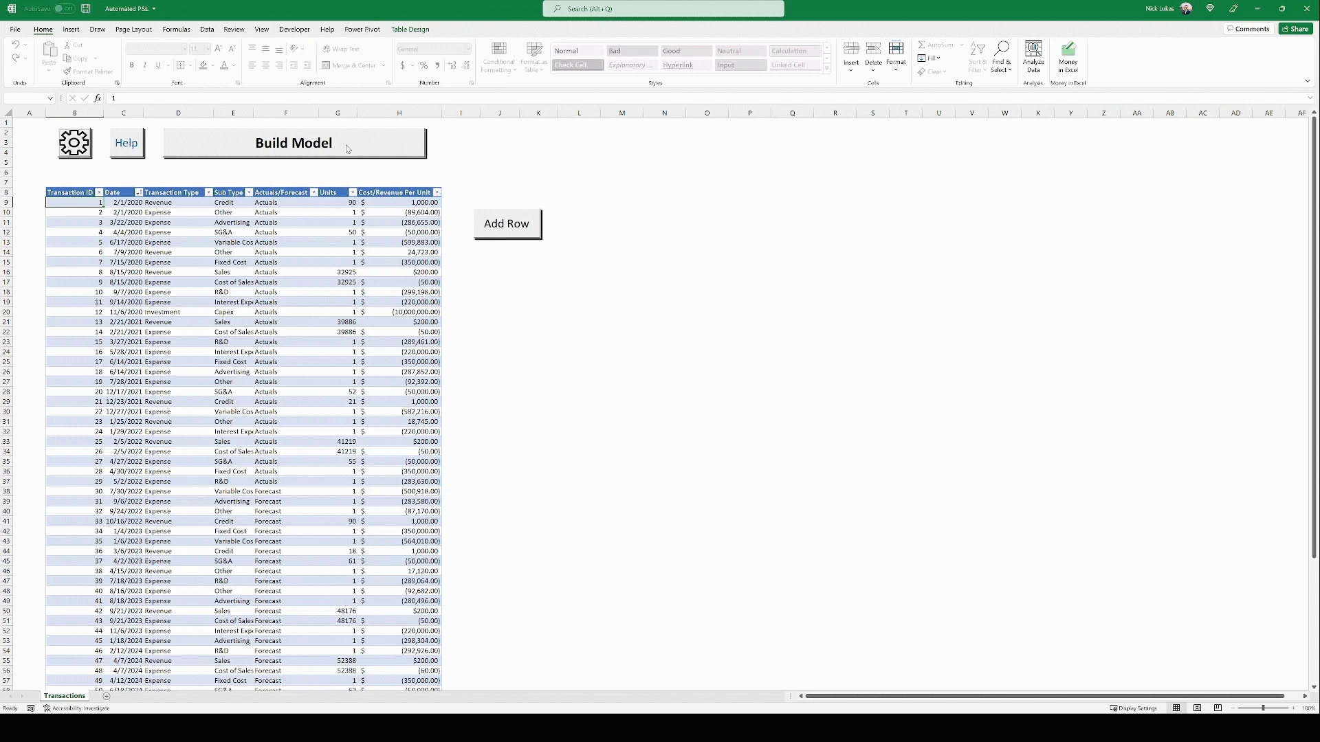 Automated P&L transaction input sheet