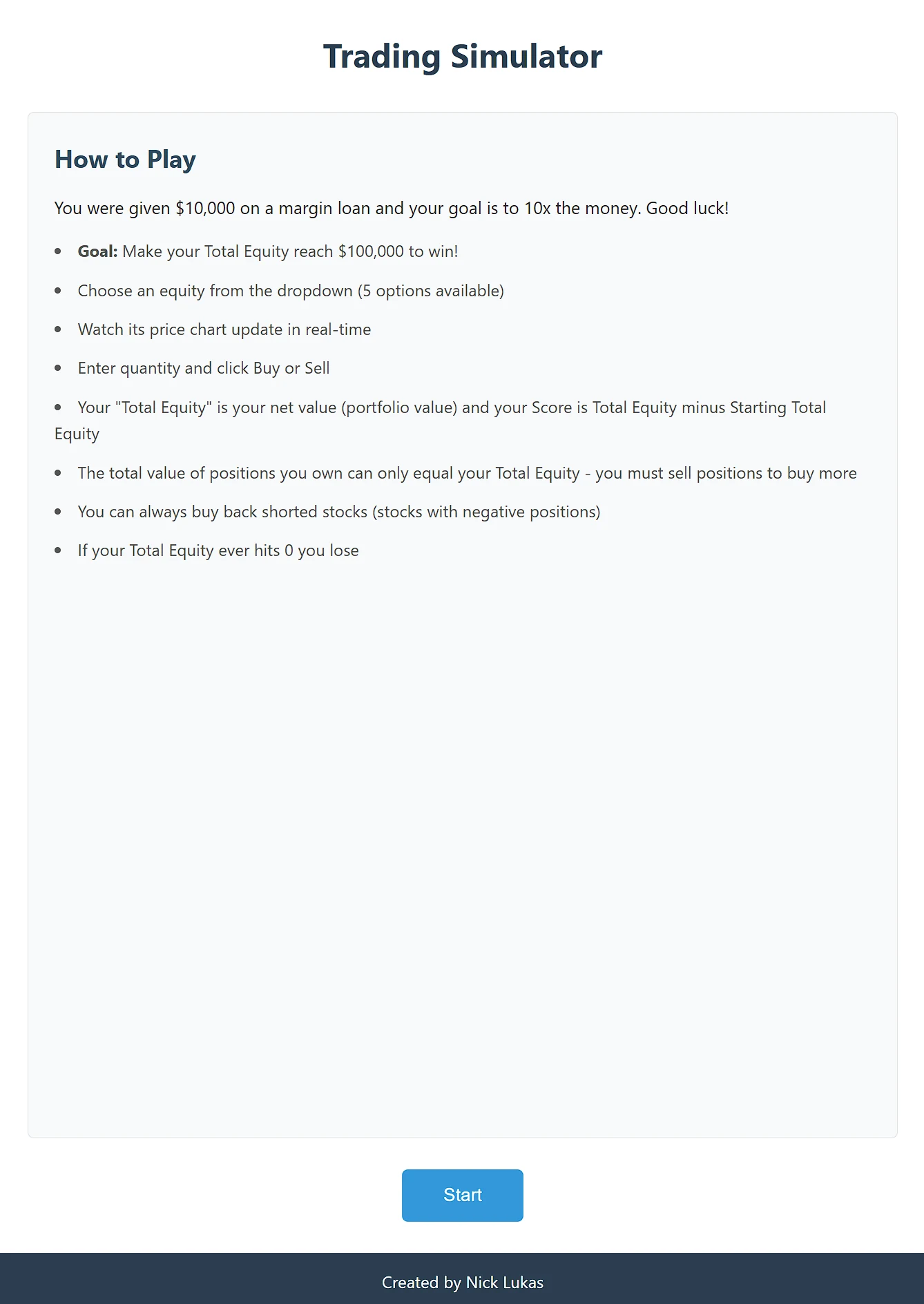 Trading Simulator instructions screen